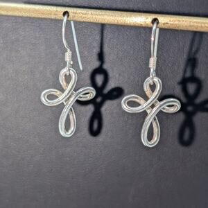 925 Sterling Silver Ribbon Cross Dangle Wire Earrings